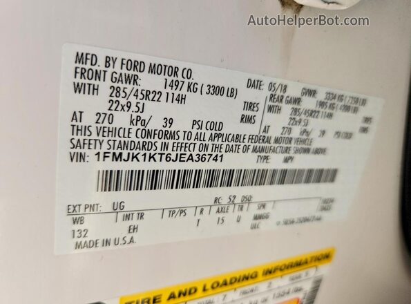 1FMJK1KT6JEA36741 2018 FORD EXPEDITION White Widok wnętrza 360 stopni