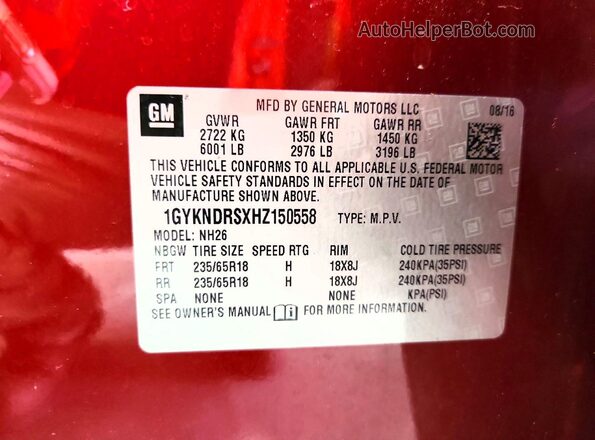 1GYKNDRSXHZ150558 2017 CADILLAC XT5 Red 