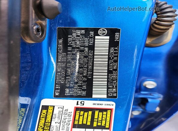 4T1B11HK6KU235852 2019 TOYOTA CAMRY Blue Widok naklejki z numerem VIN