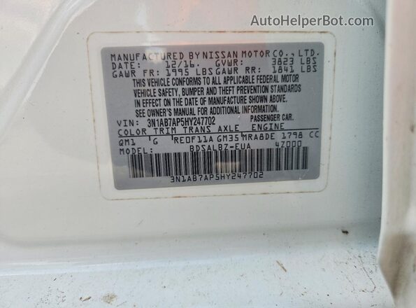 3N1AB7AP5HY247702 2017 NISSAN SENTRA White Widok naklejki z numerem VIN
