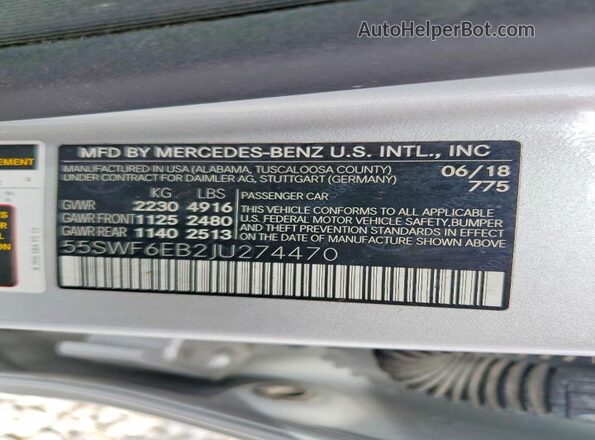 55SWF6EB2JU274470 2018 MERCEDES-BENZ C Silver Vista de la etiqueta del VIN