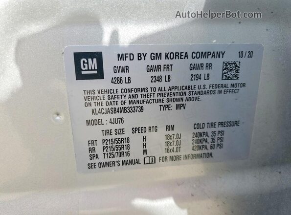 KL4CJASB4MB333739 2021 BUICK ENCORE Silver VIN sticker view