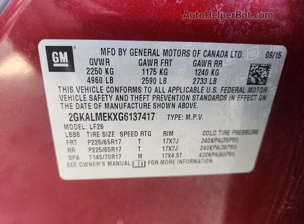 2GKALMEKXG6137417 2016 GMC TERRAIN Бордовый 