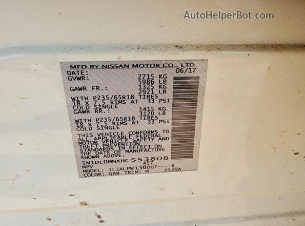 5N1DL0MNXHC553808 2017 INFINITI QX60 White Widok naklejki z numerem VIN