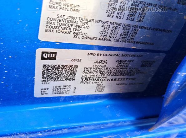 1GCPABEK6SZ327390 2025 CHEVROLET SILVERADO Blue Vista de la etiqueta del VIN