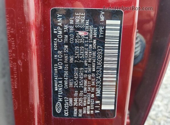 KM8J3CA23JU608937 2018 HYUNDAI TUCSON Burgundy Панорамний вид салону 360°