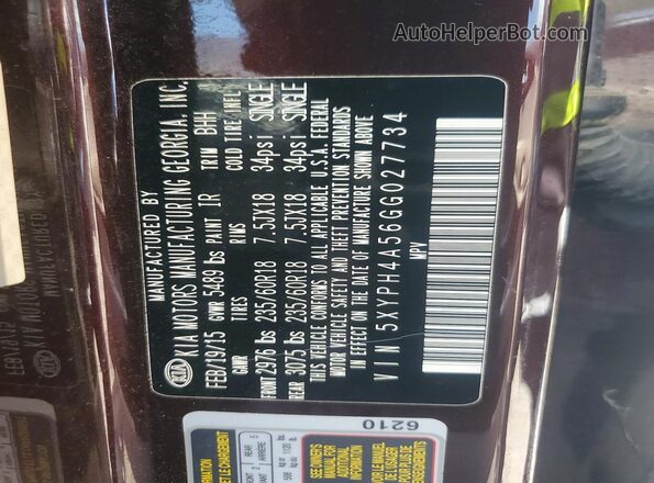 5XYPH4A56GG027734 2016 KIA SORENTO Темно-бордовый Вид наклейки с VIN-кодом