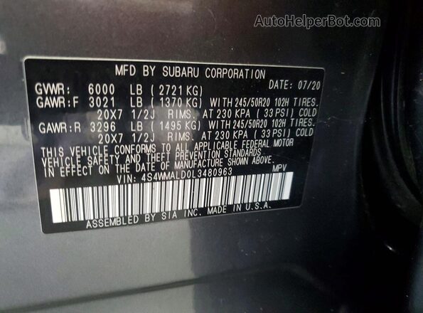 4S4WMALD0L3480963 2020 SUBARU ASCENT Gray სალონის 360-გრადუსიანი ხედი
