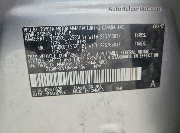 2T3BFREV4HW666334 2017 TOYOTA RAV4 Серебряный Вид наклейки с VIN-кодом