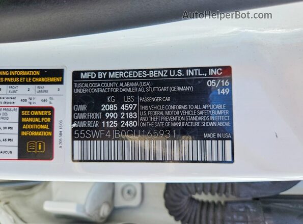 55SWF4JB0GU165931 2016 MERCEDES-BENZ C-CLASS White VIN sticker view