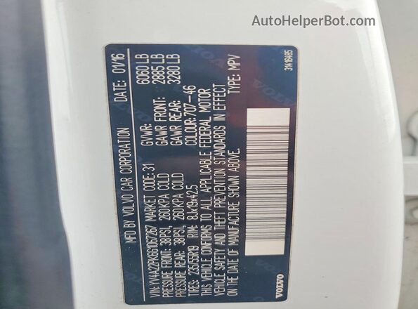 YV4A22PK6G1067267 2016 VOLVO XC90 White Widok naklejki z numerem VIN