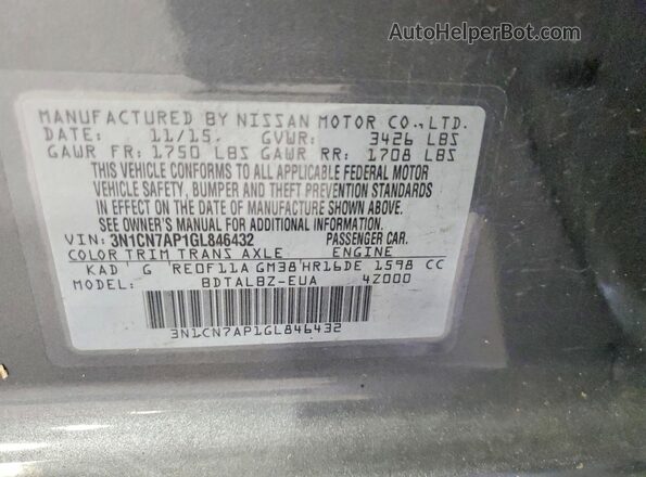 3N1CN7AP1GL846432 2016 NISSAN VERSA Silver VIN კოდის სტიკერის ხედი