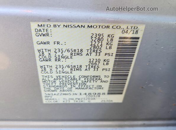 5N1AZ2MH5JN148988 2018 NISSAN MURANO Silver Панорамний вид салону 360°