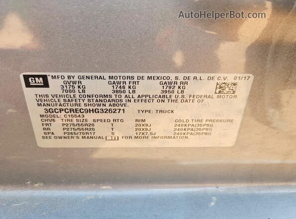 3GCPCREC9HG326271 2017 CHEVROLET SILVERADO Gray VIN կոդի պիտակի տեսք