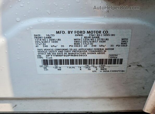 3FTTW8F92PRB03933 2023 FORD MAVERICK Белый Вид наклейки с VIN-кодом