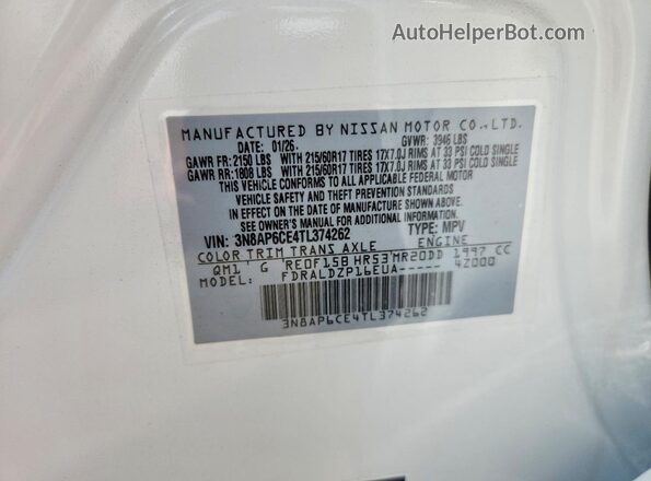 3N8AP6CE4TL374262 2026 NISSAN KICKS White Widok wnętrza 360 stopni