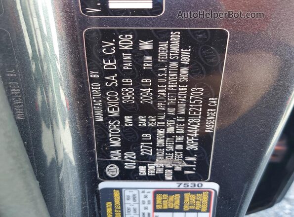 3KPF44AC8LE215703 2020 KIA FORTE Gray VIN կոդի պիտակի տեսք