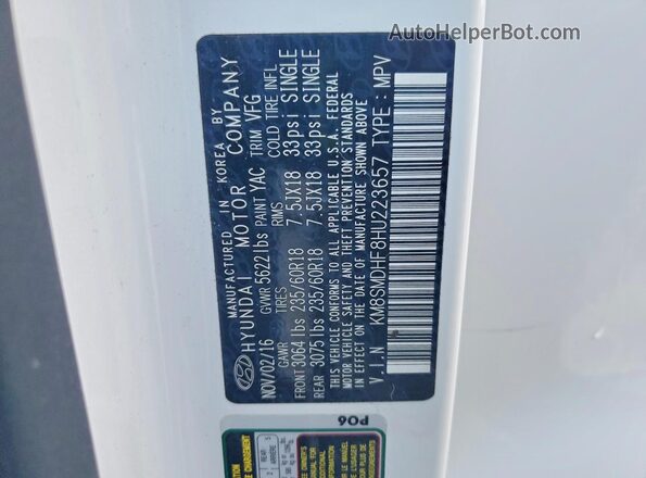 KM8SMDHF8HU223657 2017 HYUNDAI SANTA Белый Панорамный вид салона 360°
