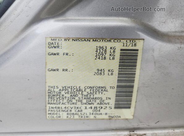 1N4BL4CV3KC148925 2019 NISSAN ALTIMA Silver Widok naklejki z numerem VIN