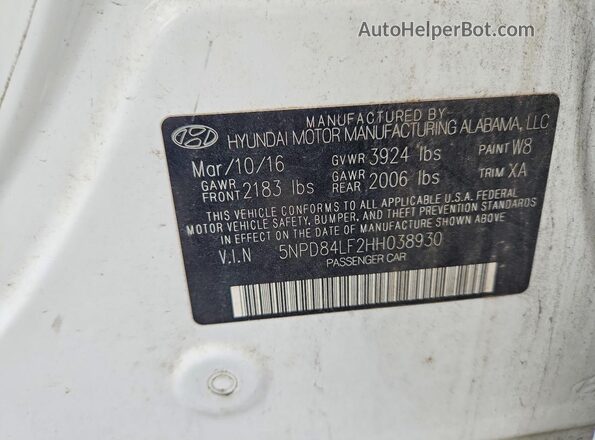 5NPD84LF2HH038930 2017 HYUNDAI ELANTRA White VIN კოდის სტიკერის ხედი