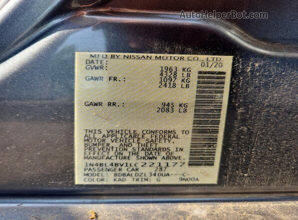 1N4BL4BV1LC221177 2020 NISSAN ALTIMA Gray VIN კოდის სტიკერის ხედი