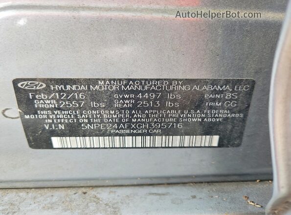 5NPE24AFXGH395716 2016 HYUNDAI SONATA Silver Vista de la etiqueta del VIN