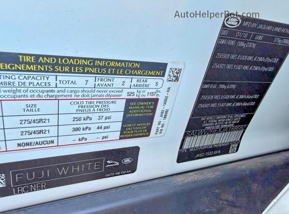 SALWV2REXJA188682 2018 LAND ROVER RANGE White Vista de los asientos traseros