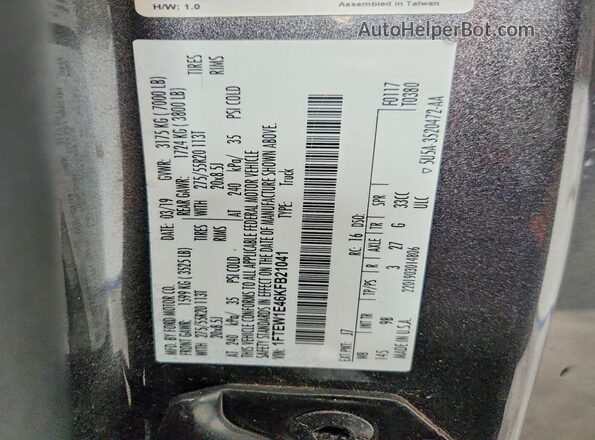 1FTEW1E46KFB21041 2019 FORD F150 Gray VIN կոդի պիտակի տեսք