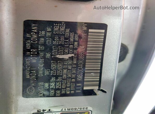 KM8J3CA40KU898024 2019 HYUNDAI TUCSON Silver VIN sticker view