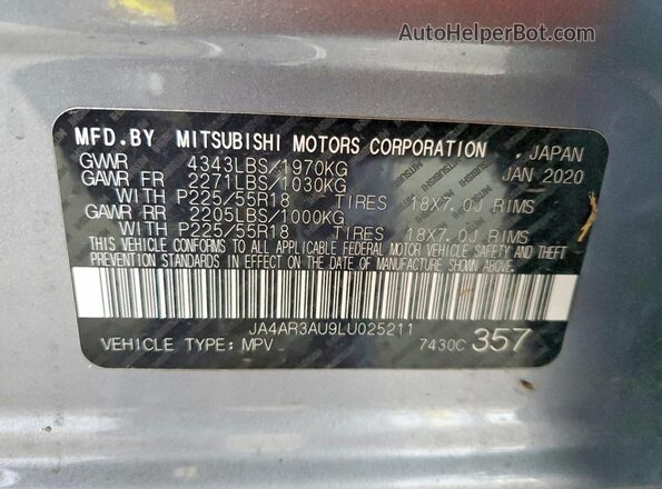 JA4AR3AU9LU025211 2020 MITSUBISHI OUTLANDER Gray VIN კოდის სტიკერის ხედი