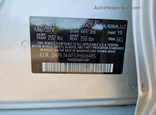 5NPE34AF5JH606485 2018 HYUNDAI SONATA Silver VIN sticker view