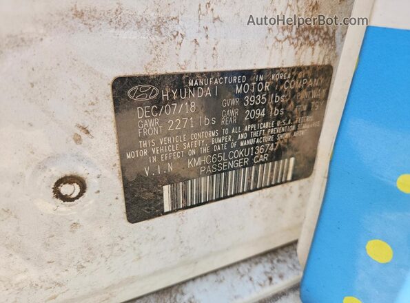 KMHC65LC0KU136747 2019 HYUNDAI IONIQ Белый Вид наклейки с VIN-кодом