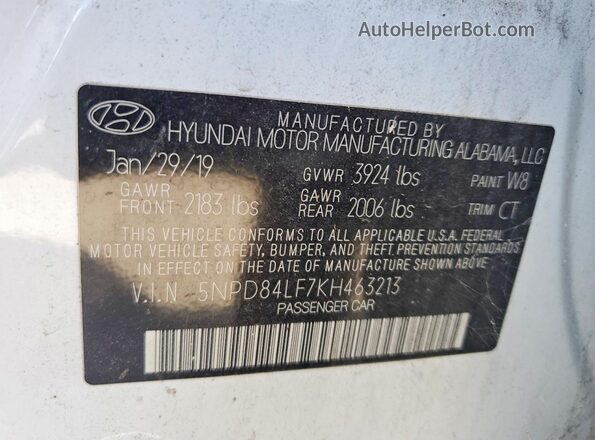 5NPD84LF7KH463213 2019 HYUNDAI ELANTRA White VIN կոդի պիտակի տեսք