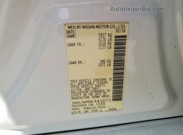 1N4AL3AP0GN341071 2016 NISSAN ALTIMA White Widok wnętrza 360 stopni