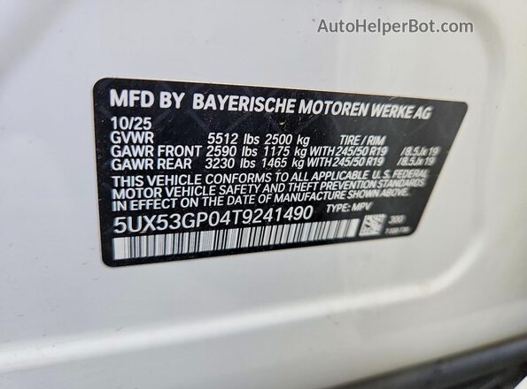 5UX53GP04T9241490 2026 BMW X3 White სალონის 360-გრადუსიანი ხედი