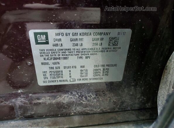 KL4CJFSB6HB118897 2017 BUICK ENCORE Темно-бордовый Панорамный вид салона 360°