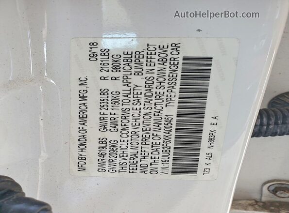 19UUB2F6XKA005451 2019 ACURA TLX Белый Вид наклейки с VIN-кодом