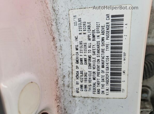 1HGCR2F51GA147354 2016 HONDA ACCORD White Vista de la etiqueta del VIN