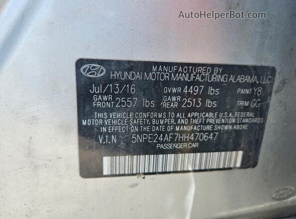 5NPE24AF7HH470647 2017 HYUNDAI SONATA Silver VIN կոդի պիտակի տեսք