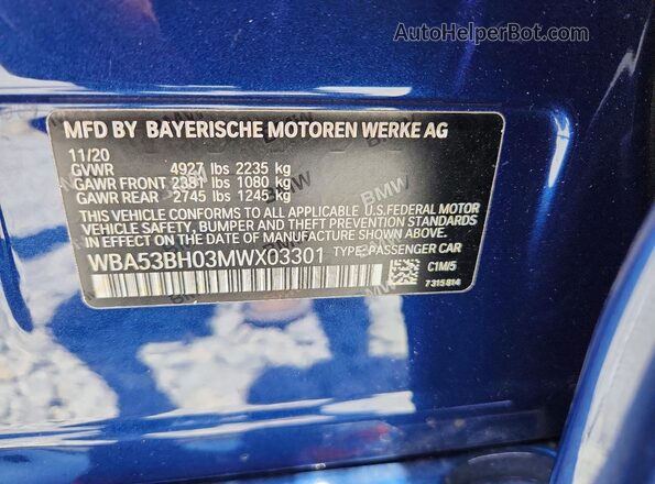 WBA53BH03MWX03301 2021 BMW 5 SERIES Blue VIN sticker view
