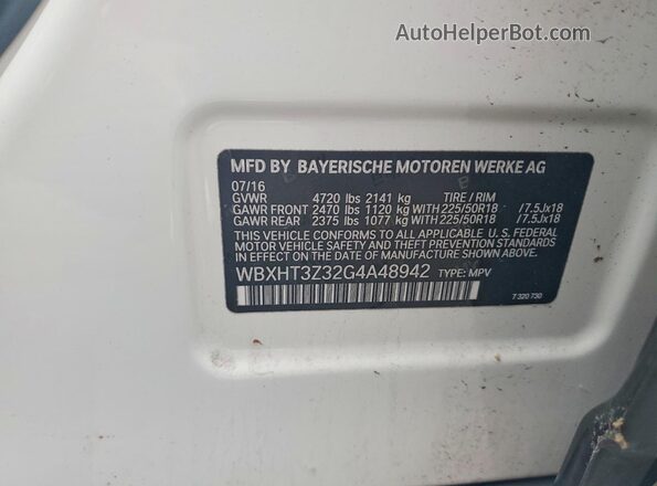WBXHT3Z32G4A48942 2016 BMW X1 White Widok wnętrza 360 stopni