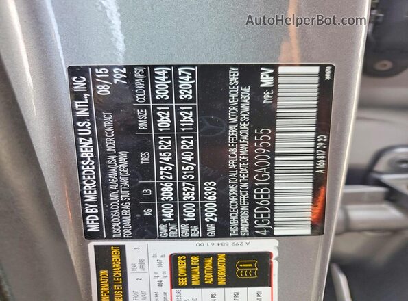 4JGED6EB1GA009555 2016 MERCEDES-BENZ GLE-CLASS Серебряный Вид наклейки с VIN-кодом
