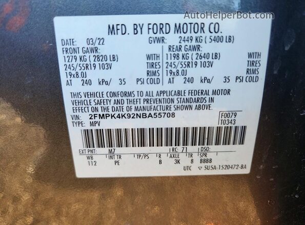 2FMPK4K92NBA55708 2022 FORD EDGE Gray 