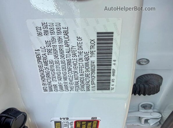 5FPYK3F75NB029741 2022 HONDA RIDGELINE White უკანა სალონის ხედი