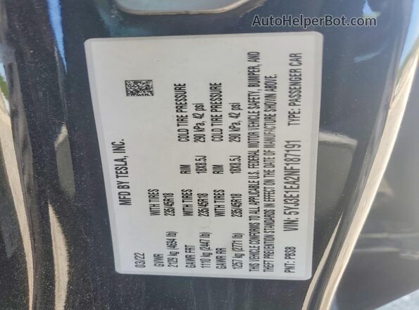 5YJ3E1EA2NF187191 2022 TESLA MODEL Черный Вид наклейки с VIN-кодом