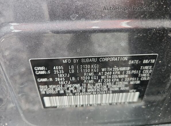 4S4BSANC9K3209178 2019 SUBARU OUTBACK Gray Widok wnętrza 360 stopni