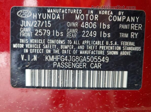 KMHFG4JG8GA505549 2016 HYUNDAI AZERA Красный Вид наклейки с VIN-кодом