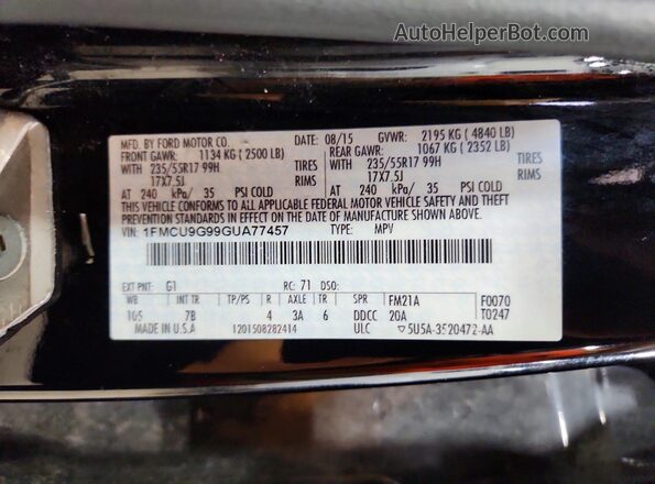 1FMCU9G99GUA77457 2016 FORD ESCAPE Black Widok wnętrza 360 stopni