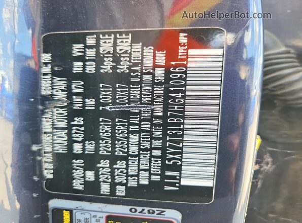 5XYZT3LB7HG410961 2017 HYUNDAI SANTA Blue Вид наклейки з VIN-кодом