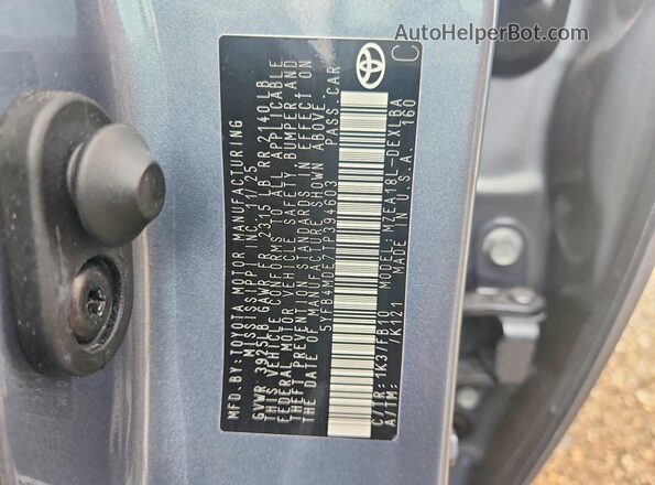 5YFB4MDE7TP394603 2026 TOYOTA COROLLA Серый Вид наклейки с VIN-кодом